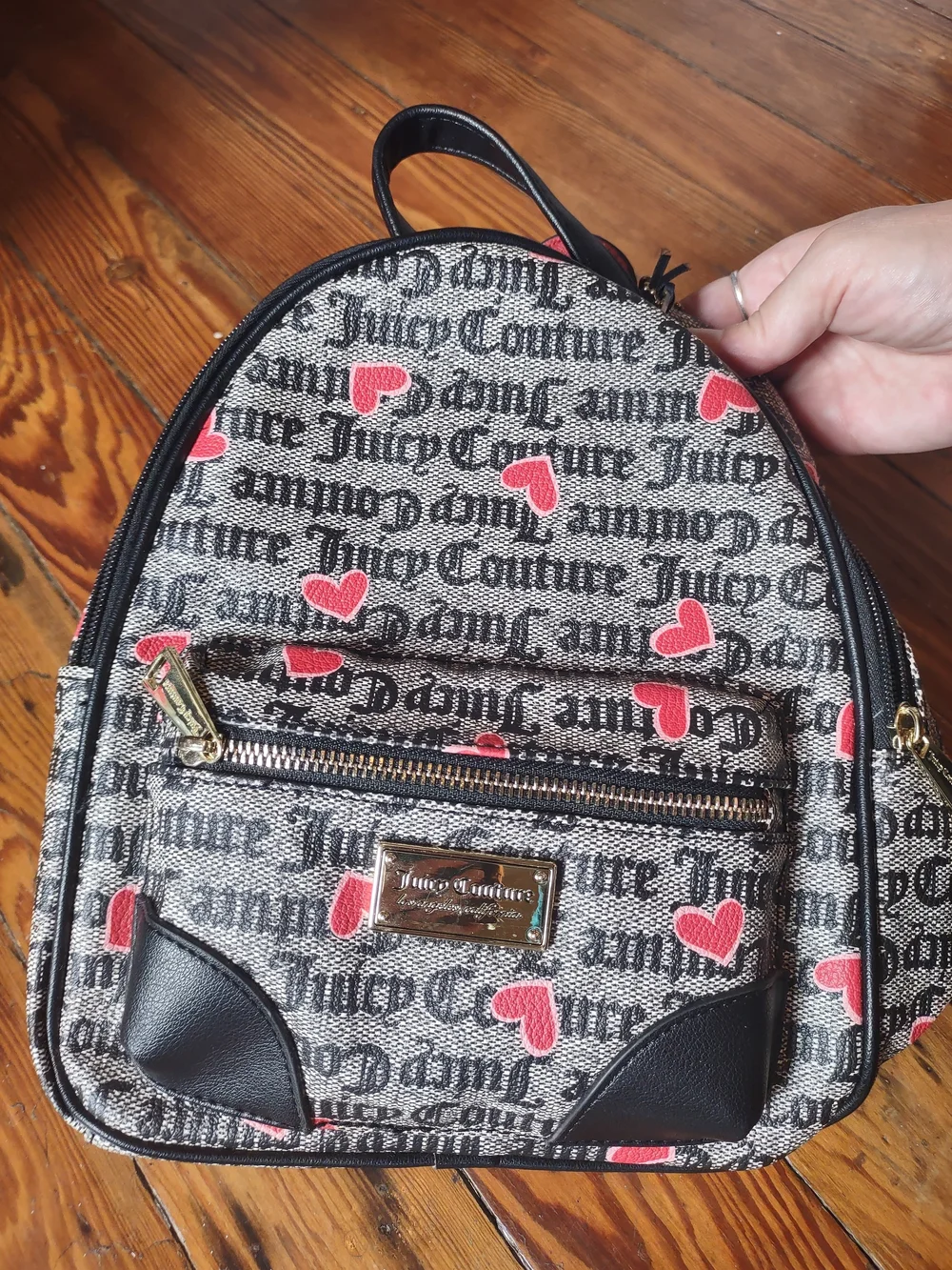 Juicy Couture Black Logo Valentine Hearts Canvas Mini Backpack Red Heart Charm
